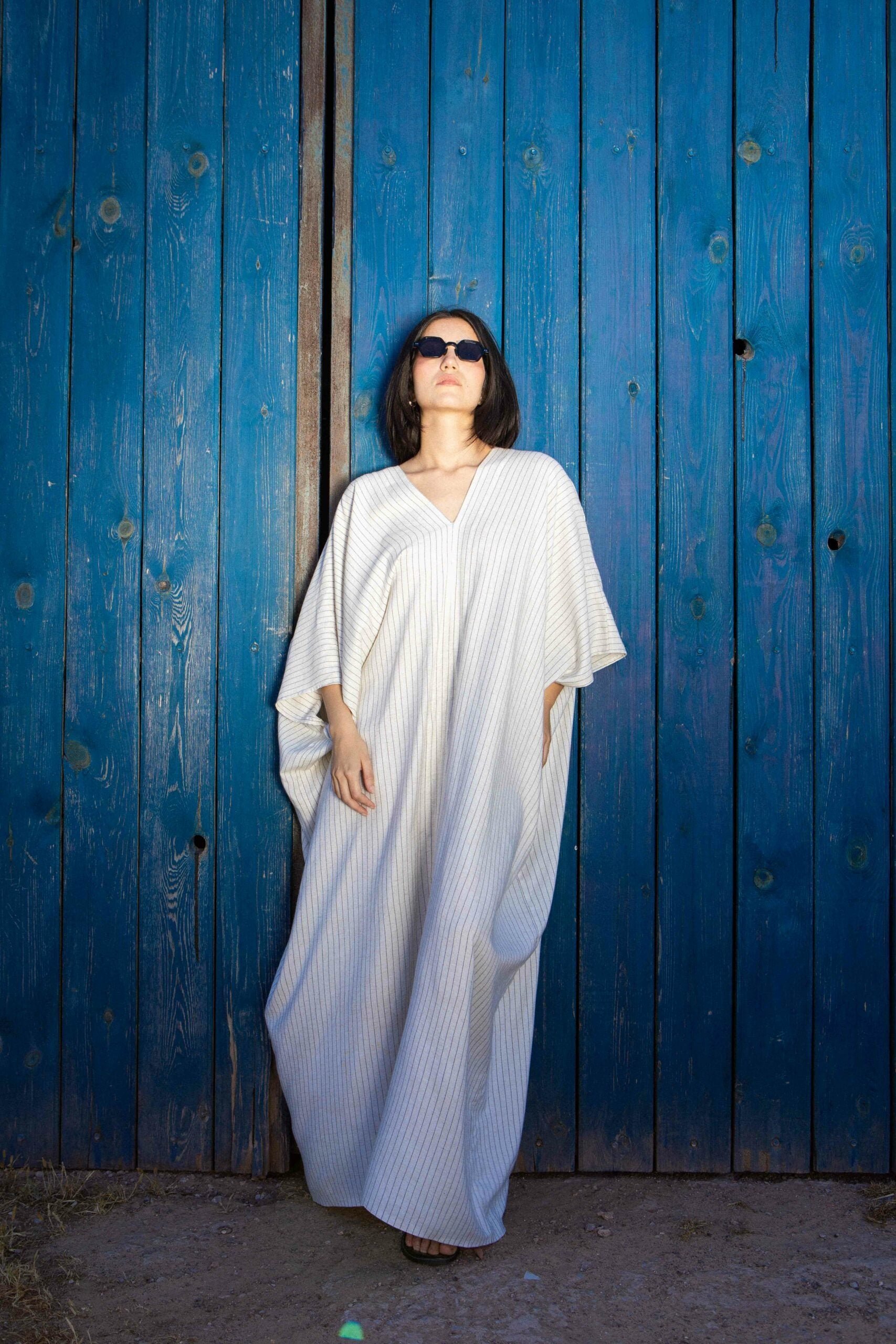 Striped linen V-neck maxi jebba dress