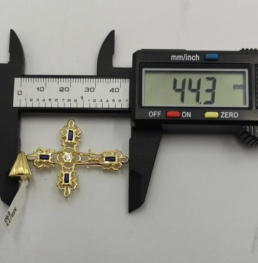 18K 750 Gold Pendant. Cross with Sapphires. Large XL 44 mm.