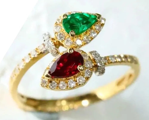 1.08ct Natural Diamond 14k Double Hallmarked Yellow Gold Ruby Emerald Wedding Ring