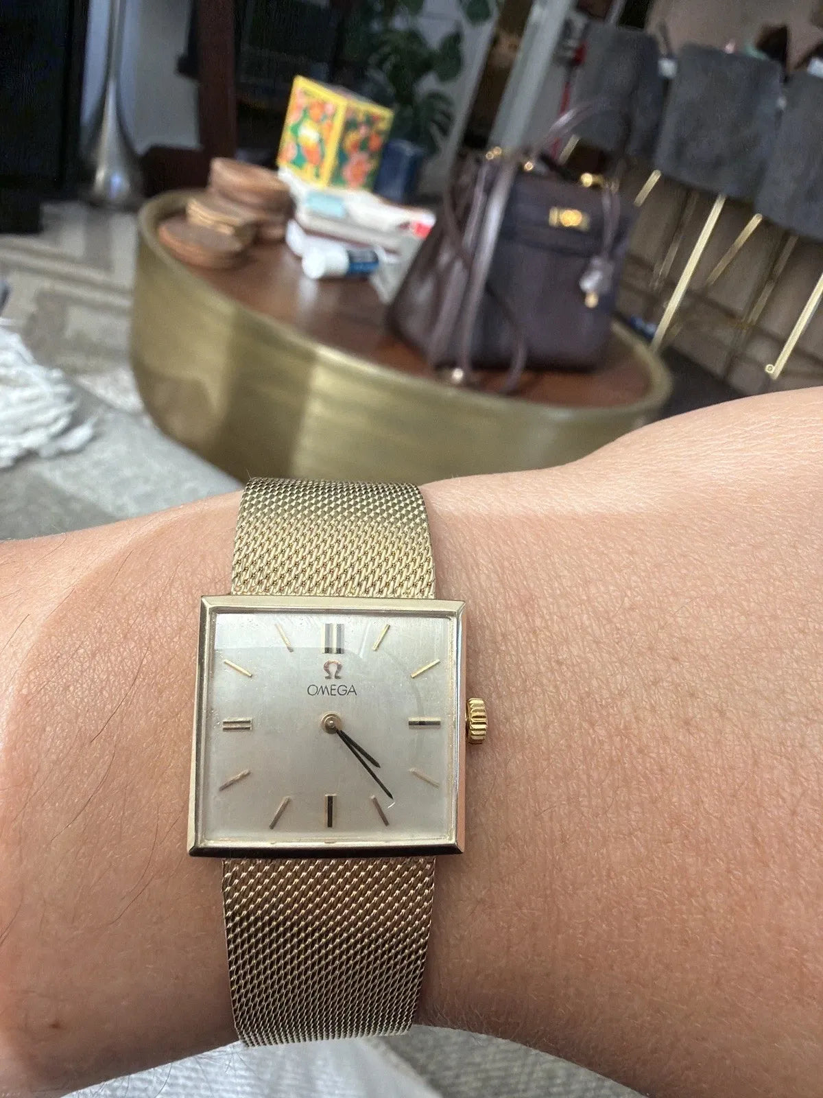 RARE vintage Omega 14k gold square watch with mesh bracelet (1966, 40g) 7.5 to 8 in.