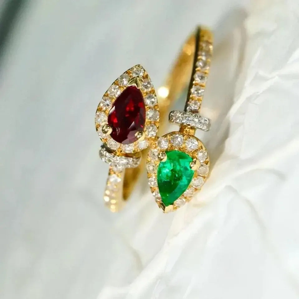 1.08ct Natural Diamond 14k Double Hallmarked Yellow Gold Ruby Emerald Wedding Ring