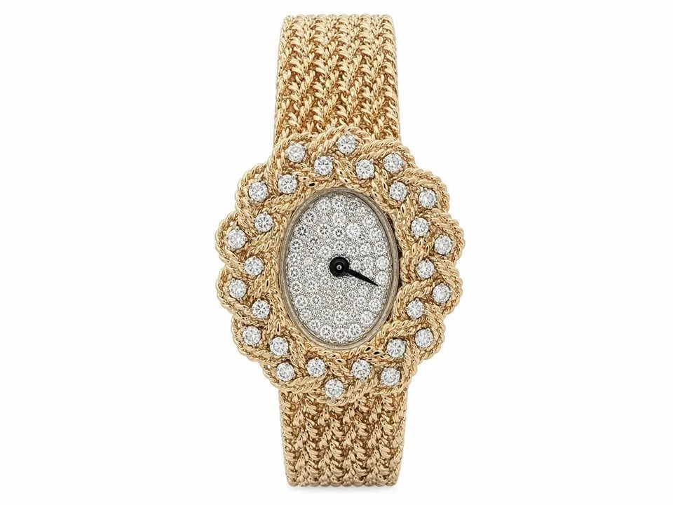 Vintage M&W Ullmann 14K gold diamond dial basket weave link bracelet watch-