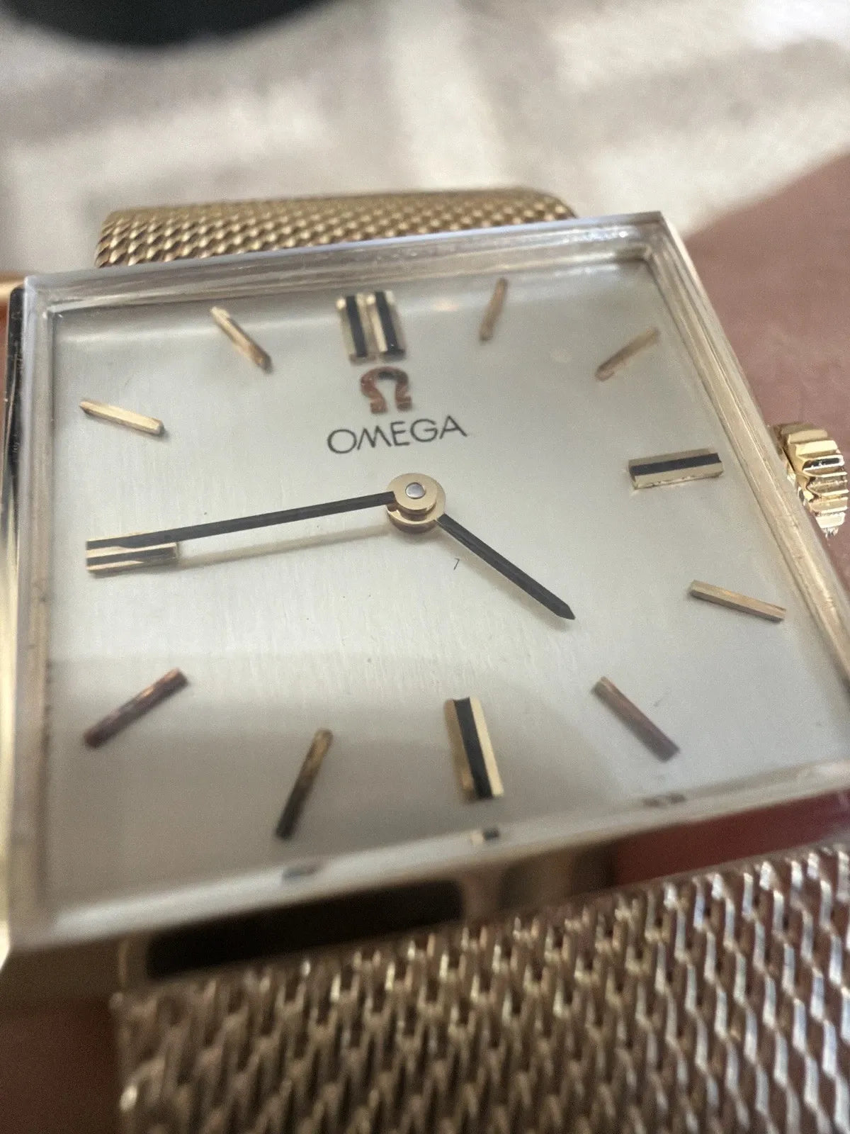 RARE vintage Omega 14k gold square watch with mesh bracelet (1966, 40g) 7.5 to 8 in.