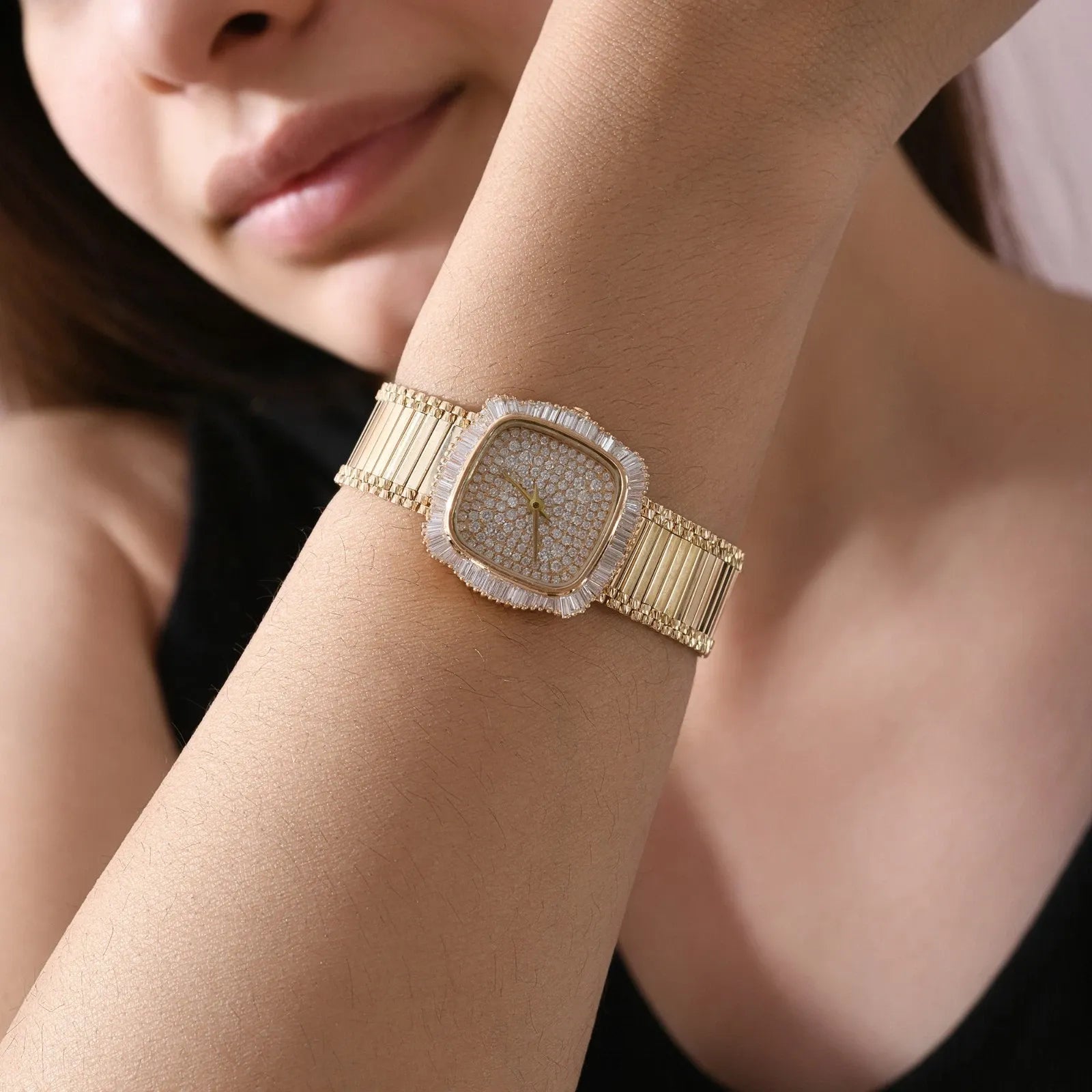 2.93 ct Natural SI/H Diamond Bangle Watch Women's Luxury 18K Yellow Gold Bracelet