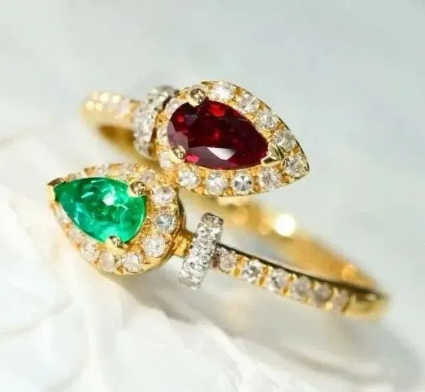 1.08ct Natural Diamond 14k Double Hallmarked Yellow Gold Ruby Emerald Wedding Ring