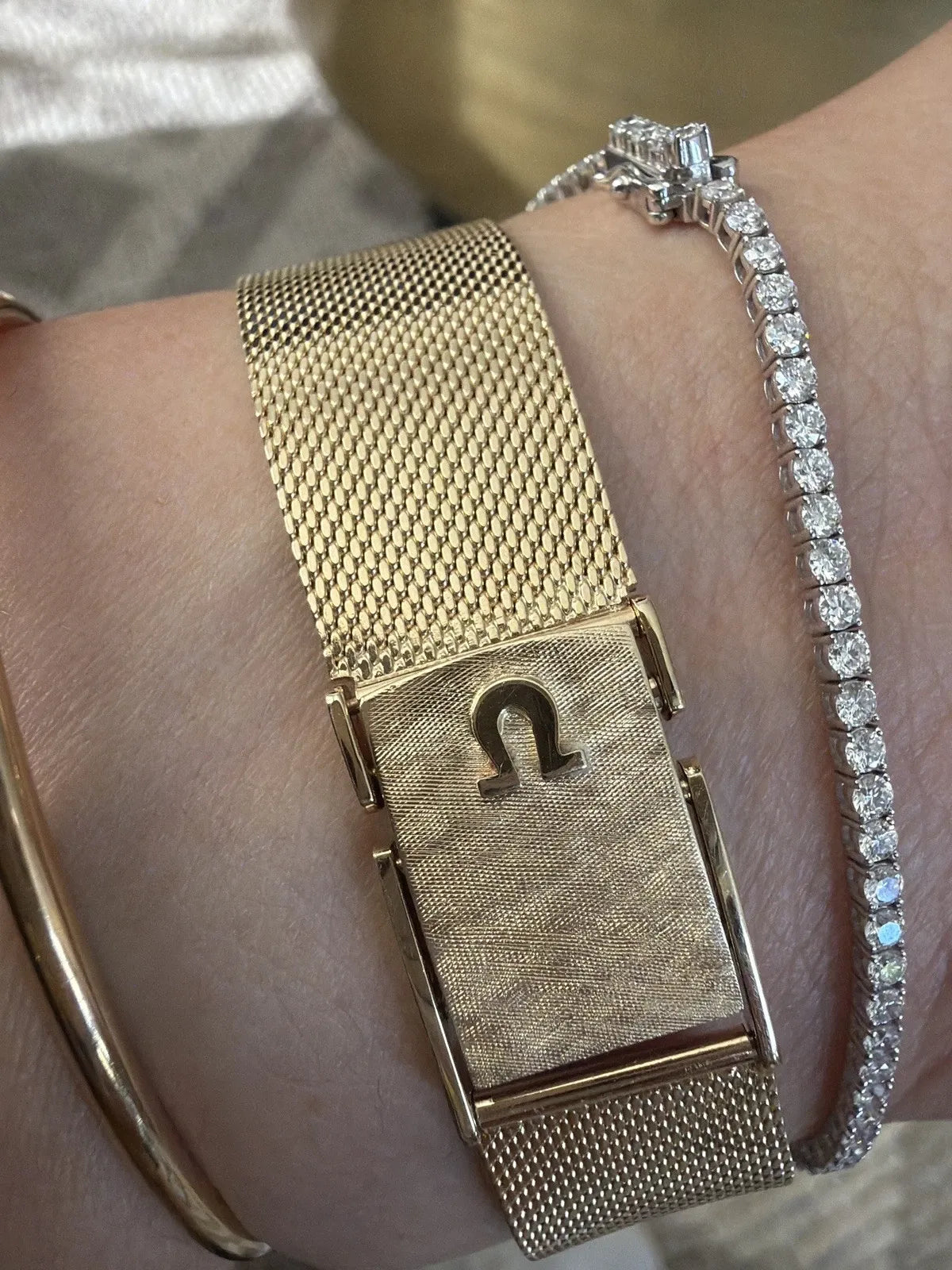 RARE vintage Omega 14k gold square watch with mesh bracelet (1966, 40g) 7.5 to 8 in.