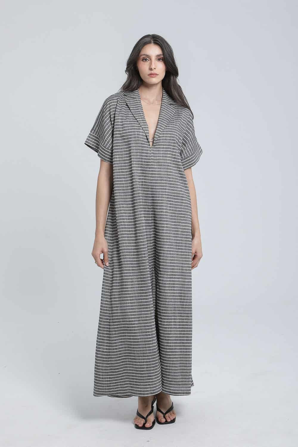 Long dress with fine pinstripes in linen