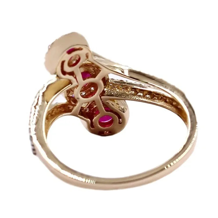 14K Yellow Gold Cocktail Ring with 1.72 Ct Natural Round Diamond and Ruby