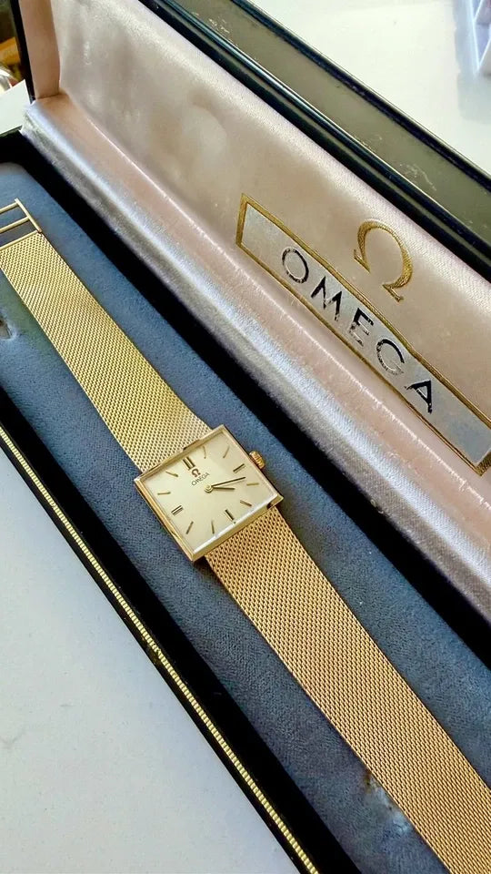 RARE vintage Omega 14k gold square watch with mesh bracelet (1966, 40g) 7.5 to 8 in.