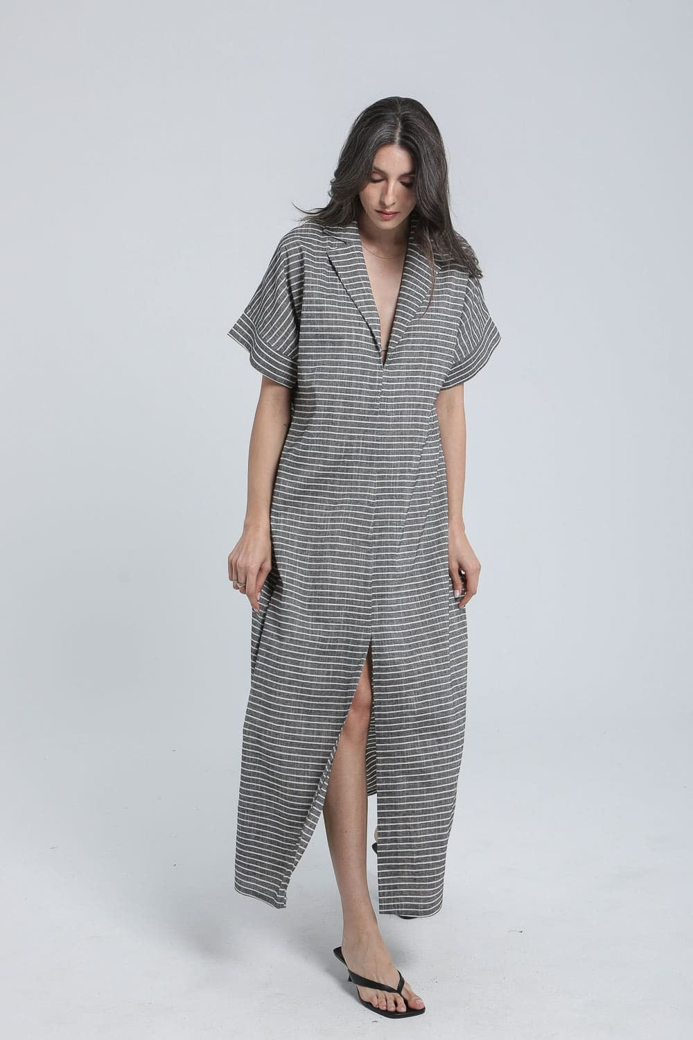 Long dress with fine pinstripes in linen