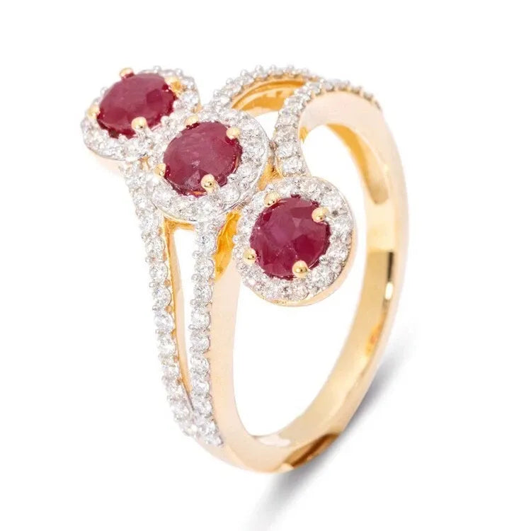 14K Yellow Gold Cocktail Ring with 1.72 Ct Natural Round Diamond and Ruby