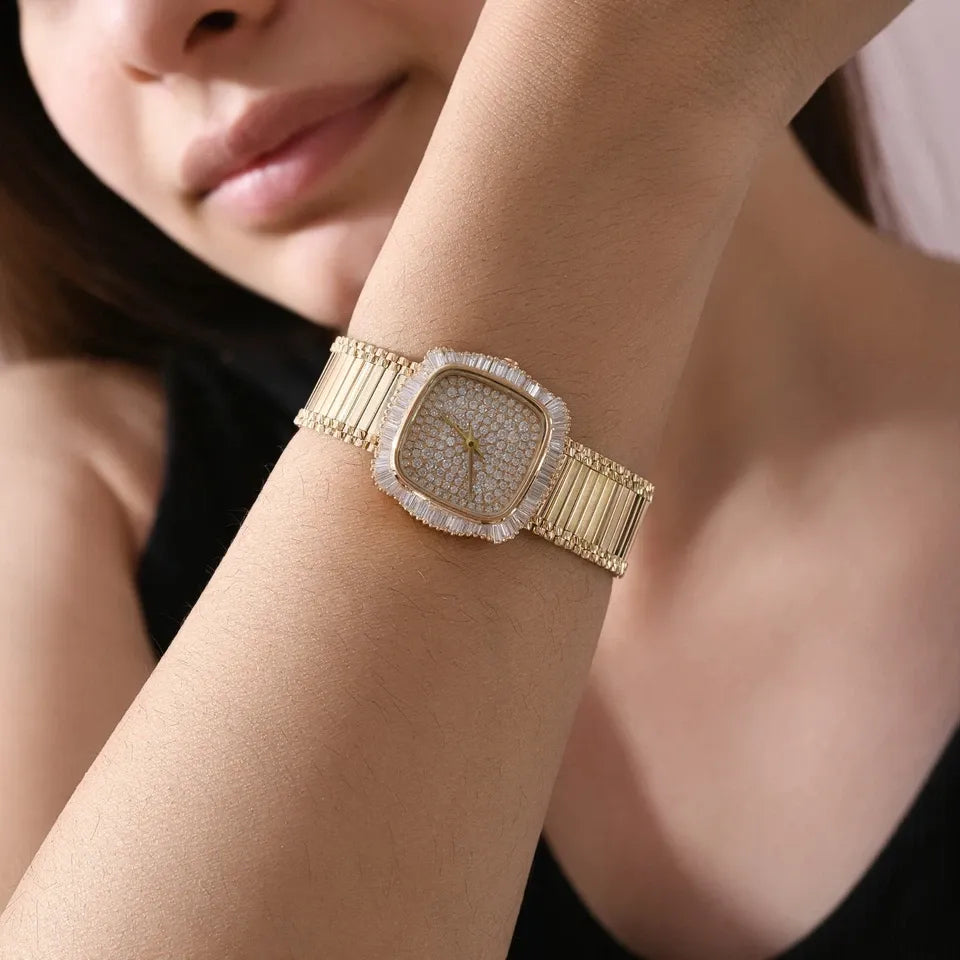 2.93 ct Natural SI/H Diamond Bangle Watch Women's Luxury 18K Yellow Gold Bracelet