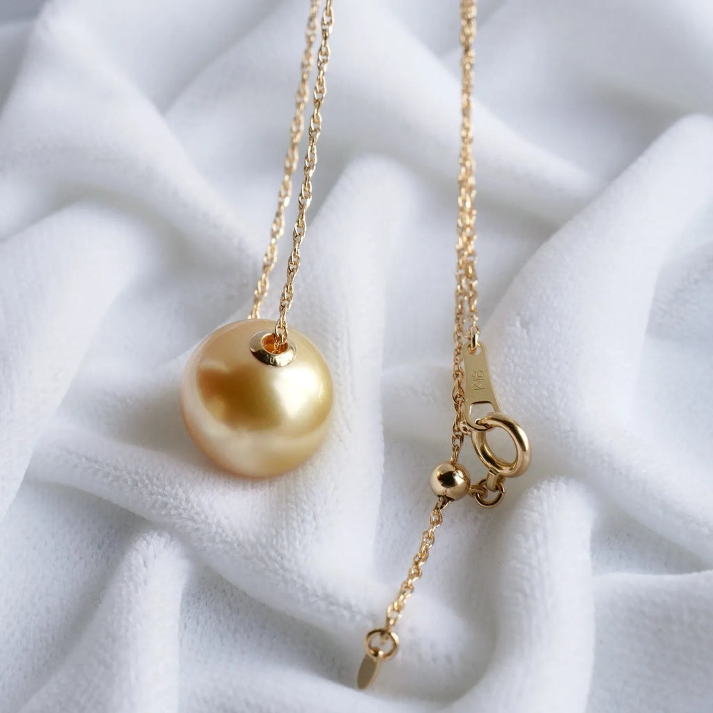 18k Yellow Gold 11.6mm South Sea Golden Pearl Pendant Necklace, reg...