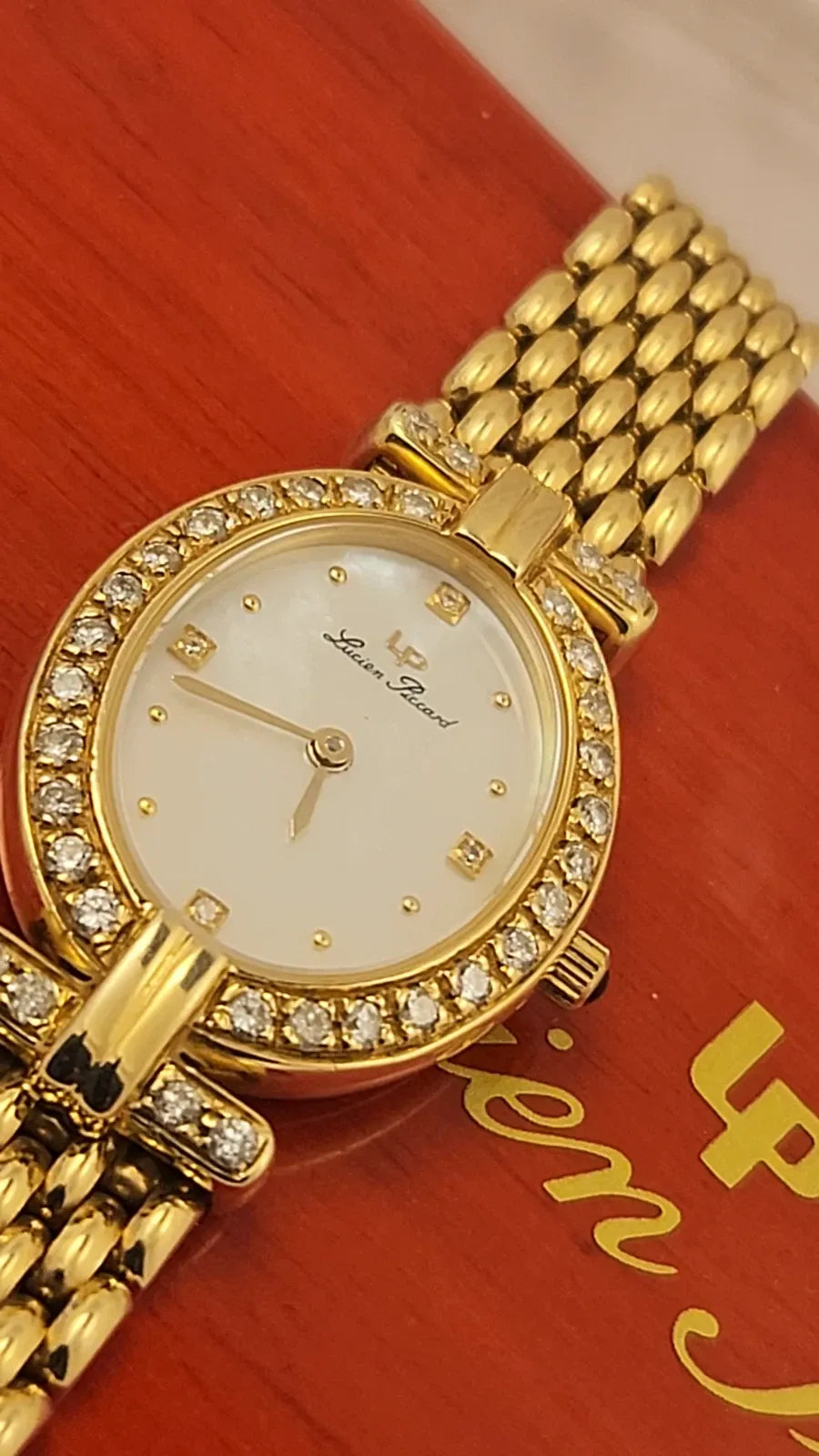 Ultra Rare Women's Lucien Piccard Mother-of-Pearl 14K Gold Diamond Watch with Box+