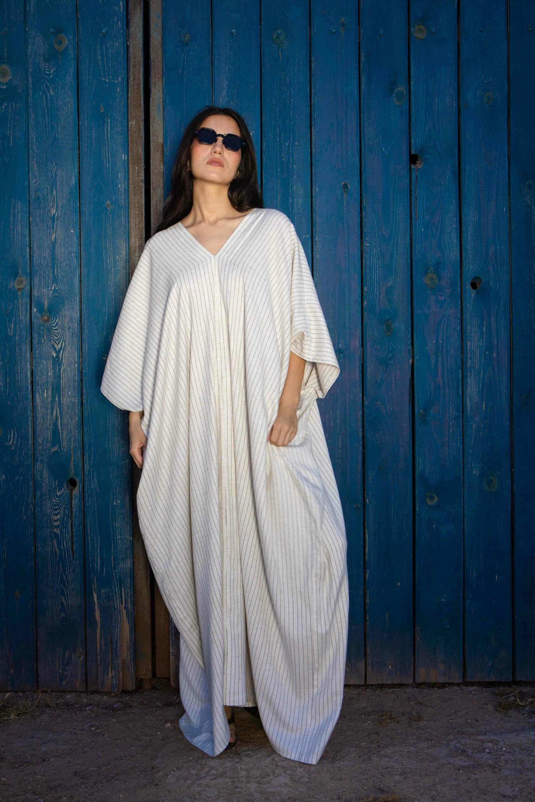 Striped linen V-neck maxi jebba dress