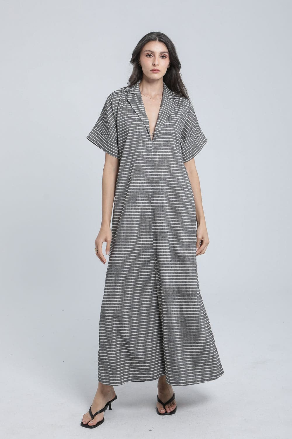 Long dress with fine pinstripes in linen