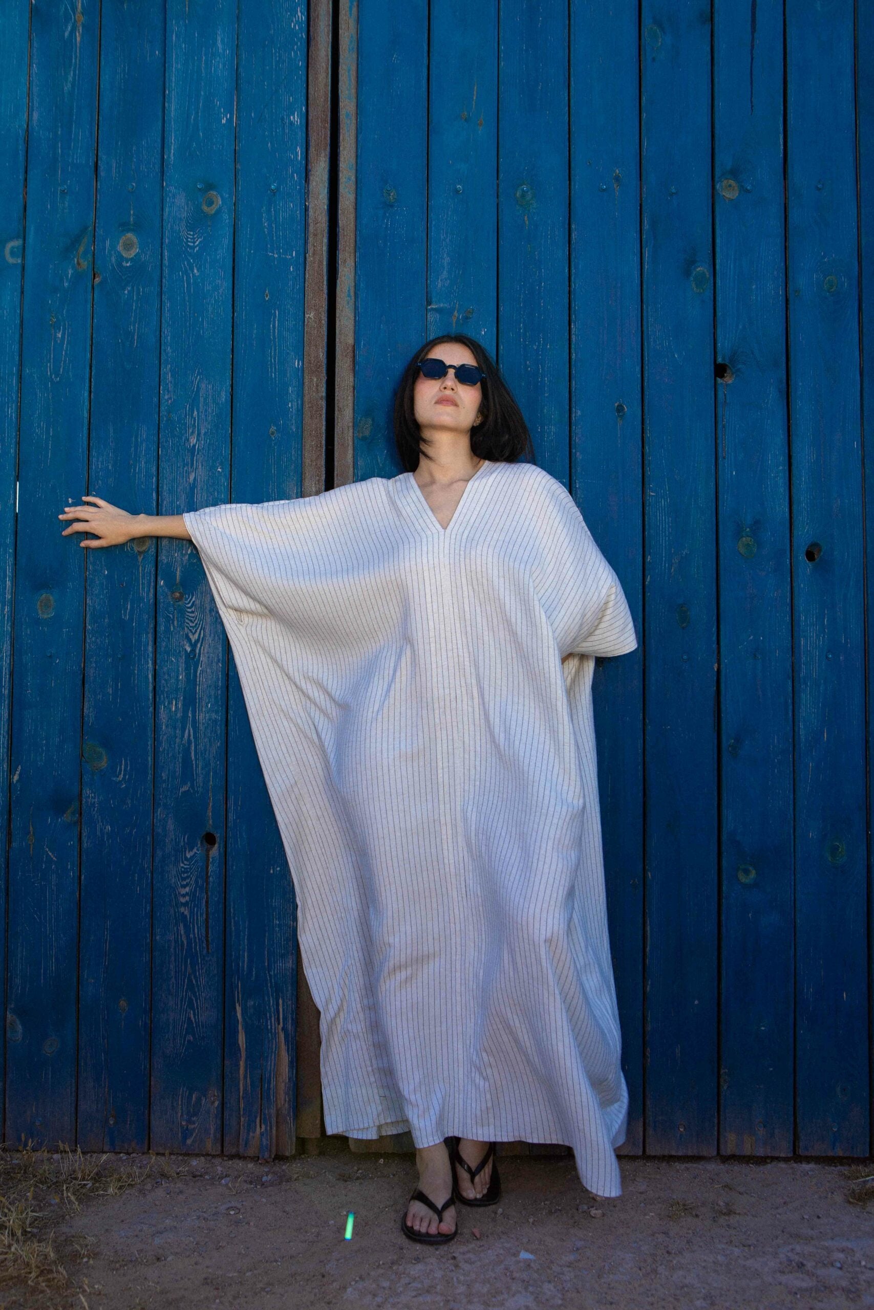 Striped linen V-neck maxi jebba dress