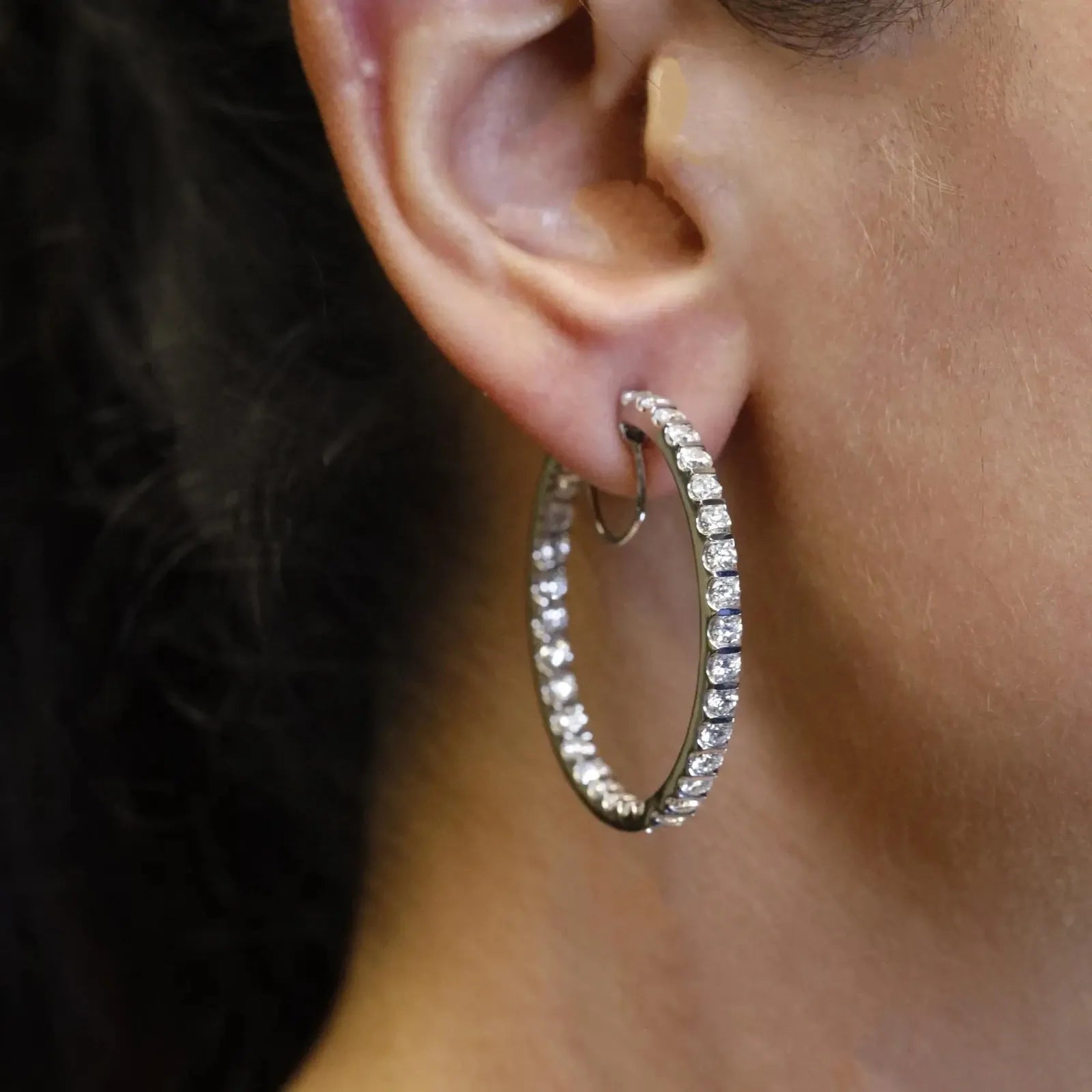 18k White Gold "Inside Out" Round Diamond Hoop Earrings, 4.76 carats total, 1.5 inches