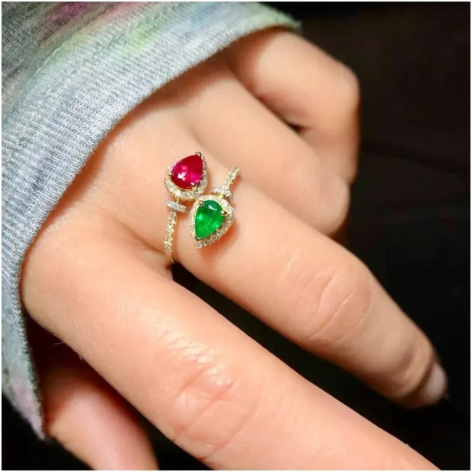 1.08ct Natural Diamond 14k Double Hallmarked Yellow Gold Ruby Emerald Wedding Ring