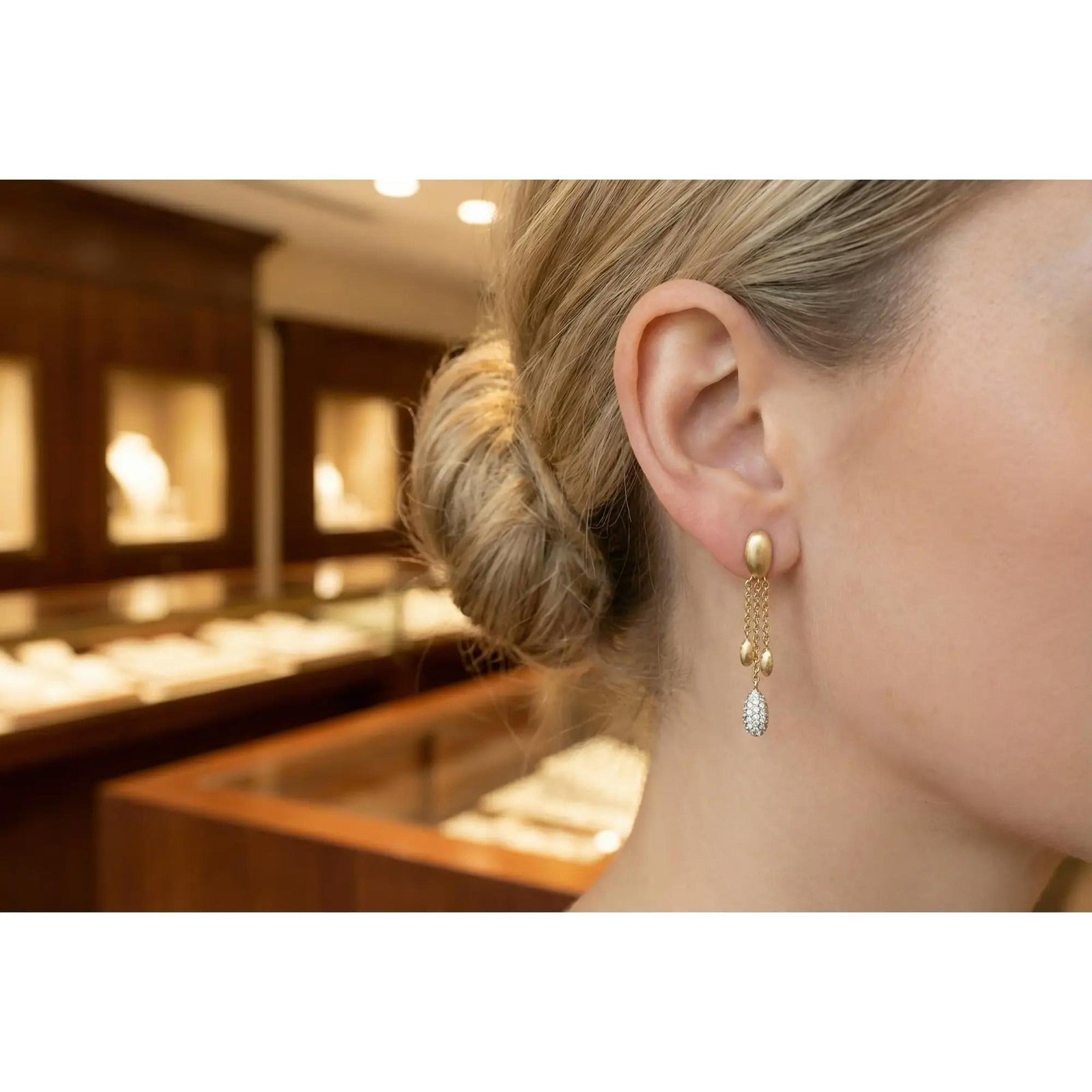 "Estate Pave Diamond Three" Dangle Earrings with Gold Tassels, in 18 Carat Yellow and White Gold