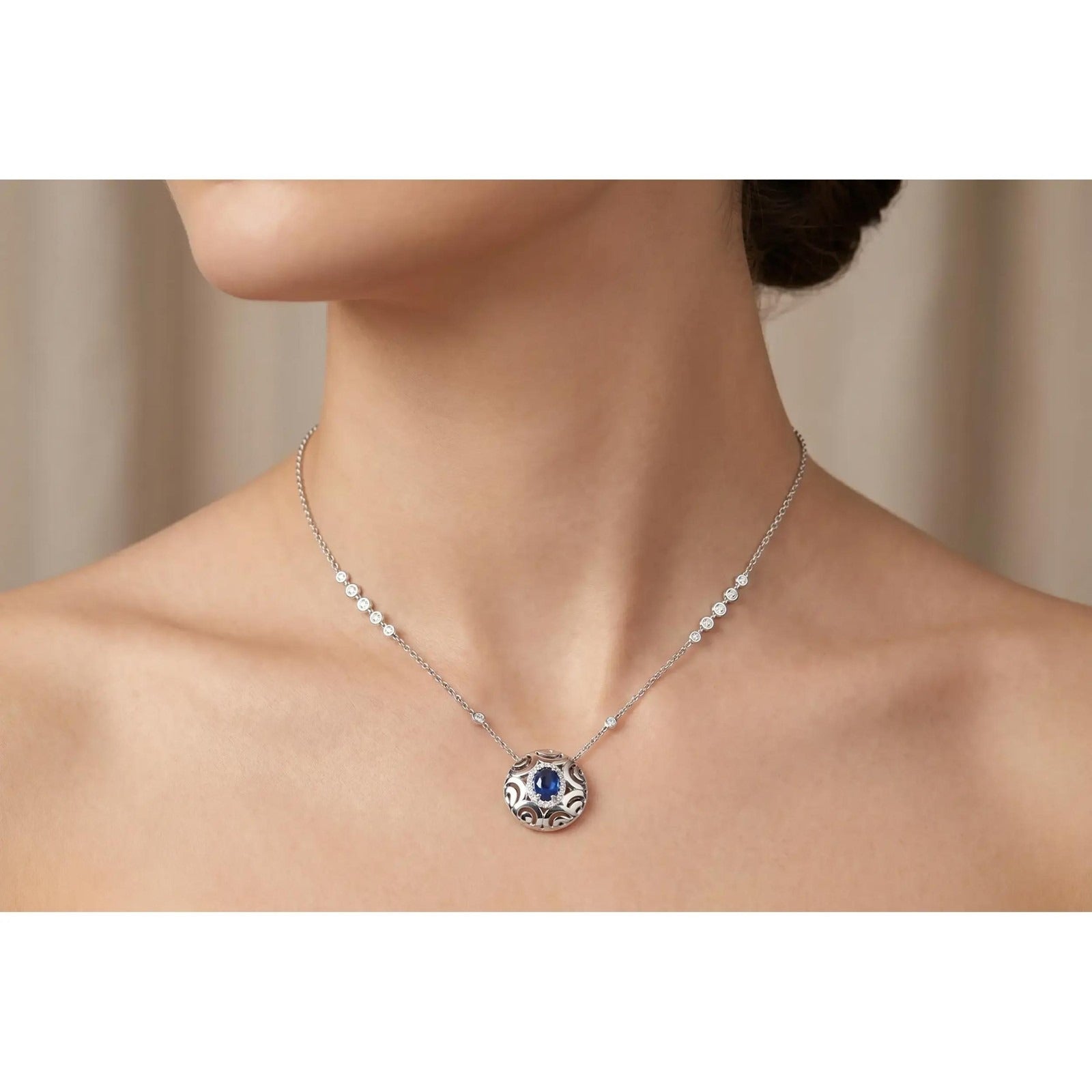 Crivelli Ricami Luci "Diamond & Sapphire" pendant necklace in 18k white gold