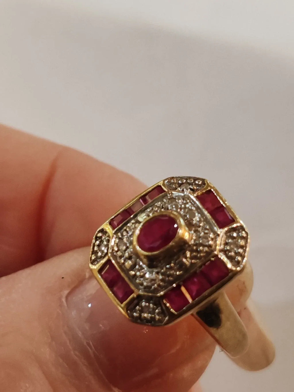 18K yellow gold rectangular ruby and diamond ring