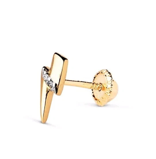18K 750 Gold Ear Piercing. Lightning Bolt With Zirconia 9x3 MM.