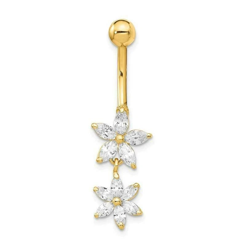 14K Solid Yellow Gold 14G Double CZ Flower Belly Button Ring
